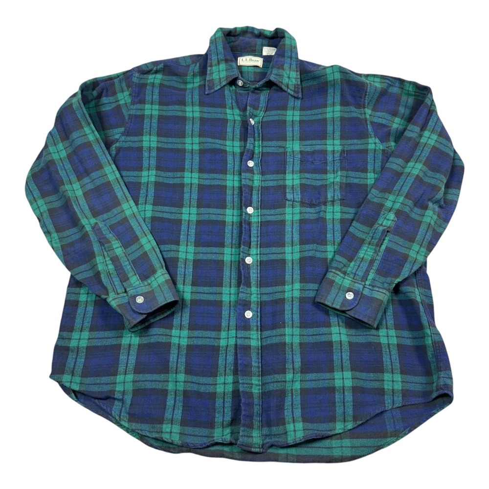 Vintage 90s L.L. Bean 100% Cotton Green Blue Plaid Flannel Shirt Men's Large